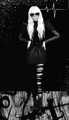 a black and white photo of a woman with long hair, wearing tights and knee high boots