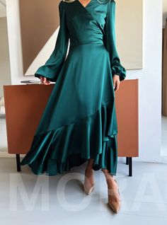 DETAILS *  length along the back is 53.1 inches or 135 cm *  sleeve length 28 1/3 inches or 72 cm *  high quality thick silk (40% natural silk, 60% polyester) *  perfect fit, underlines cleavage, long bracelet sleeves *  model's wearing a size XS (2 US numeric) This long sleeves wrap dress is rather modest but at the same time interesting and underlines what is needed. High quality suiting fabric fits nicely and pleasant to touch. Our long wrap dress can be styled with high heels and medium high Solid A-line Maxi Dress For Wedding, Fitted Maxi Length Satin Dress, Solid Satin Banquet Dress, Solid Satin Dress For Banquet, Solid Color Satin Banquet Dress, Maxi Length Dress For Banquet, Fitted Long Sleeve Bridesmaid Evening Dress, Long Sleeve Evening Dress With Sweep Train For Bridesmaid, Fitted Long Sleeve Bridesmaid Dresses