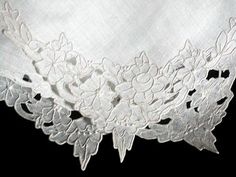 Never used vintage hanky embellished with a fancy border of hand embroidery and cutwork. This is a fine accessory, either for your personal use, or a bride to carry on her wedding day. Made of off white linen, and measuring 11 inches. This handkerchief is in crisp, clean condition, and ready for your immediate use. Made in Madeira, Portugal. White Victorian Handkerchiefs With Lace Trim, Victorian White Handkerchiefs With Lace Trim, White Victorian Handkerchief With Lace Trim, Cream Handkerchiefs With Lace Trim For Weddings, Cream Lace Trim Handkerchiefs For Wedding, Cream Wedding Handkerchiefs With Lace Trim, Wedding Cream Handkerchiefs With Lace Trim, Elegant Wedding Handkerchief With Lace Work, Elegant Lace Work Handkerchief For Wedding