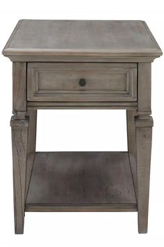 an end table with two drawers and one drawer on the bottom, in grey wood