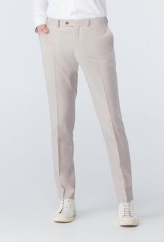 Beige Slim Fit Trousers, Beige Slim Fit Straight Pants, Beige Stretch Tapered Leg Dress Pants, Beige Stretch Ankle-length Dress Pants, Slim Fit Beige Bottoms For Business, Beige Slim Fit Bottoms For Business, Beige Slim Fit Bottoms For Work, Beige Slim Fit Pants For Business, Beige Slim Fit Business Bottoms