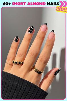 Short almond nails with a black polka dot pattern over pink. A fun and playful design that adds a pop of personality, great for casual and stylish looks alike. Dark Pink Nails, Fake Nails White, Dot Nails, Santa Nails, Classy Acrylic, Colourful Nails, Christmas Gel, Milky Nails, Red Christmas Nails