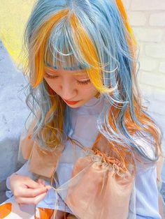 Two-Tone Hair Color Ideas: orange and light blue layers Two Tone Hair, Dyed Hair Inspiration, Pretty Hair Color, Tone Hair, Hair Dye Colors, Dye My Hair, Hair Reference, Hair Inspiration Color, Hair Inspo Color