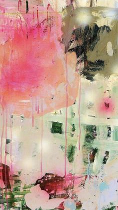 an abstract painting with pink, green and white colors on it's surface is shown