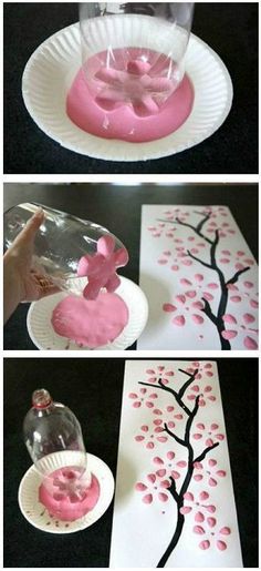 the process to make a paper plate tree with pink flowers and branches on white paper plates