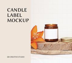 candle label mockup with orange flower and jar on wooden stand against white wall background