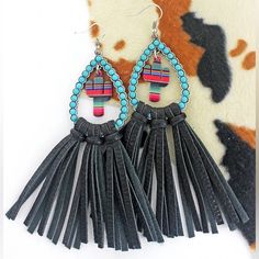 Serape Cactus Rainwood Black Fringe Earrings Brand New In Packaging Louis Vuitton Earrings, Festival Chic, Dior Earrings, Vintage Jewelry Crafts, Bold Earrings, Chunky Jewelry, Chic Pink, Black Fringe, Large Hoop Earrings