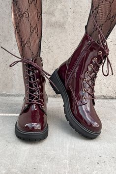 Doorbuster Lennox Patent Leather Combat Boots (Wine Patent) - NanaMacs Patent Leather Combat Boots Outfit, Leather Combat Boots Outfit, Patent Leather Combat Boots, Hiking Boots For Women, Lantern Sleeve Sweater, Leather Hiking Boots, Leather Combat Boots, Casual Bodysuit, Flying Monkey Jeans