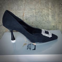 This Is A Brand New With Original Box Of Black Suede Party Pumps With A Snazzy Rhinestone Buckle. Us Size 5 (Eu Size 35) With Approximately A 3 1/2" Heel Height. I Bought These For Myself And The Box Says Size 36 But Inside The Shoes Were Actually 35, So Too Small For Me. But They Are Very Pretty And Marked Divine Follie, Made In Italy. Never Worn, Just Tried On. Evening Formal Heels With Rhinestones, Chic Fitted Heels With Rhinestones, Chic Evening Heels With Rhinestones, Chic Rhinestone Evening Heels, Elegant Heels With Rhinestones For Night Out, Party Pumps, Black Dress Shoes, Black Suede, Shoes Women Heels