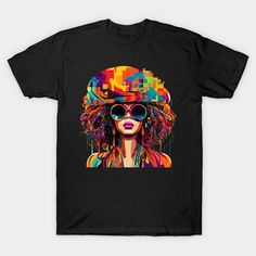 a t - shirt with an image of a woman wearing sunglasses and a colorful hat