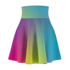 Introducing the Rainbow ombre skater skirt , designed for women who want to look stylish and feel comfortable, every day. Made from a high-quality blend of 95% polyester and 5% spandex, this skirt offers a soft, stretchy feel that moves with you. With its vibrant all-over print (AOP) and versatile flared fit, it's perfect for casual outings, weekend get-togethers, or even a night out on the town. This AOP skater skirt is not just about style, but also practicality. It features a flattering high-waisted design that complements all body types, offering a playful silhouette that transitions seamlessly from day to night. The lightweight fabric keeps you cool and comfortable, while the white-thread stitching adds a sleek touch. Plus, the skirt is assembled in the USA with globally sourced parts Rainbow Ombre, Look Stylish, The Rainbow, Fashion Games, Effortless Style, Skater Skirt, Casual Looks, To Look, Night Out