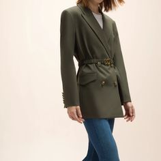 Veronica Beard Hutchinson Dickey Jacket Blazer Size Xs Oversize Silhouette Color: Logan "Army Green" New With Tags Retail $798 A Chic Oversized Jacket Tailored For A Loose Fit, Use The Removeable Belt To Cinch Your Waist. Compatible With All Veronica Beard Dickeys Removeable Belt - No Belt Loops Crest Buttons Shoulder Pads Double Breasted Lined Professional Dry-Clean Only Approximate Measurements: Underarm To Underarm 18" Sleeves 24" Length 29" 66% Wool 30% Polyamide 4% Elastine Designer Belted Blazer For Work, Designer Double-breasted Blazer For Fall, Spring Double-breasted Blazer With Belted Cuffs, Luxury Fall Blazer With Belt Loops, Luxury Blazer With Belt Loops For Fall, Double-breasted Blazer With Belt Loops For Fall, Fall Double-breasted Blazer With Belt Loops, Tailored Spring Blazer With Belt Loops, Luxury Blazer With Belt Loops And Long Sleeves