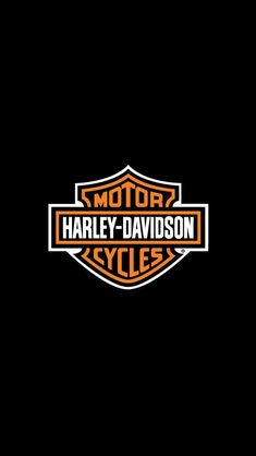 the harley davidson logo is shown on a black background with an orange and white stripe