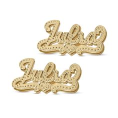 Turn your name into a fashion statement with these enticing stud earrings. Crafted in 14K gold over silver, each personalized earring showcases the name of your choosing - from three to eight characters in length - sculpted in a hammered script font. Beneath the name, a similarly textured heart and scroll ribbons complete the look. Buffed to a brilliant luster, these post earrings secure comfortably with friction backs. Elegant Personalized Name Earrings, Custom Name Silver Nameplate Earrings, Custom Name Gold Sterling Silver Earrings, Personalized Nameplate Earrings For Anniversary, Customizable Gold Earrings For Personalized Gift, Elegant Customizable Earrings For Personalized Gift, Gold Nameplate Earrings Gift, Gold Nameplate Earrings For Gift, Custom Name Gold Earrings For Anniversary