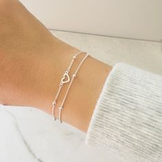 Sterling Silver Heart Bracelet, Cute Dainty Gift Bracelet,double Layered Stacking Bracelet ,minimalist Adjustable Everyday Simple Bracelet - Etsy Adjustable Dainty Chain Bracelet With Heart Charm, Delicate Adjustable Bracelets For Valentine's Day, Delicate Adjustable Bracelet For Valentine's Day, Adjustable Double Strand Bracelet As Gift, Adjustable Double Strand Bracelet For Gift, Adjustable Jubilee Chain Bracelet For Valentine's Day, Minimalist Silver Double Heart Bracelets, Minimalist Double Heart Bracelets For Everyday, Dainty Adjustable Heart Chain Bracelet