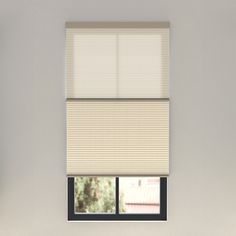 an empty room with a window and blinds on the windowsill, in front of a white wall