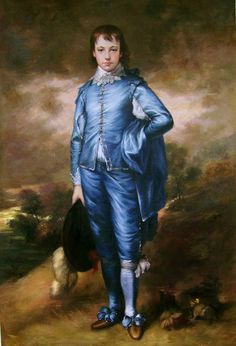 an oil painting of a boy in blue with a hat and coat, holding a bag