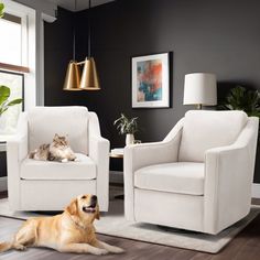 a cat and dog are sitting in the living room with two chairs next to each other