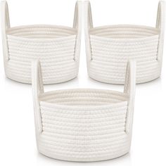 four white baskets with handles on each side and one in the middle, all made out of rope