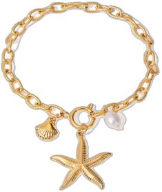 Gold Charm Bracelet With Lobster Clasp For Beach, Gold Metal Charm Bracelet For Beach, Gold Charm Bracelet With Starfish For Beach, Gold Ocean-inspired Starfish Bracelets, Adjustable Gold Charm Bracelet Ocean-inspired, Summer Gold Jewelry With Star Charm, Gold Bracelets With Lobster Clasp For Vacation, Gold Starfish Bracelet With Starfish Charm, Gold Bracelet With Lobster Clasp For Vacation