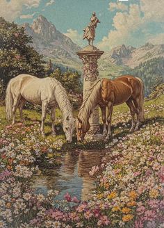 two horses are drinking water from a fountain