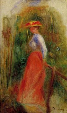 a painting of a woman in a red dress with a straw hat on her head