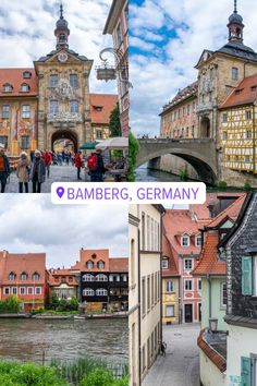 the collage shows different views of buildings in germany and germany with text overlaying them