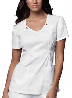 Style Code: (CH-3717) This V-neck top features a cut-out detail at the front neckline, release tucks at the waist, bust darts, and back darts for a flattering fit. Patch pockets and side vents complete this picture. White V-neck Tops With Pockets, Spa Wear, Cheap Womens Tops, Spa Uniform, White Scrubs, Medical Scrubs Outfit, Nurse Scrubs, Fit Scrubs, Scrub Style