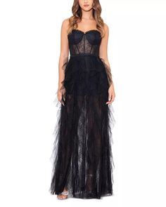 AQUA Strapless Lace Tulle Ruffle Gown - Exclusive  | Bloomingdale's Women Tulle Ruffle Dress, Black Lace Gown, Ruffled Gown, Ruffle Gown, Velvet Gown, Sheer Skirt, Aqua Dress, Strapless Gown, Black Tulle