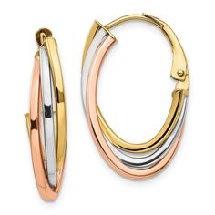 14k 14kt Tri-Color Tri-color Polished Hoop Earrings 3.13 Grams average weight (+/- 8%) This is pure 14Kt! Not Plated! Not Gold Filled! Length = 26.14mm Width = 16.51mm Hollow Polished Price is for one PAIR Gender: Women's Stamped 14K or 585 Leverback Manufacturing Process: Tubing We offer the lowest prices that we can. We therefore can not accept any offers. Visit our store at http://stores.ebay.com/allofthebestforless Medium Hoop Earrings, White Gold Hoops, Leverback Earrings, Gold Polish, Girls Earrings, Fine Jewellery Earrings, Gold Fashion, Jewelry Earrings Hoops, Selling Jewelry