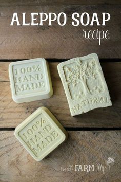 three soap bars with the words alepo soap recipe written on them in white