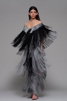 Layered fringes off shoulder dress - HerTrove Isabel Sanchis, Ankle Length Dress, Fitted Skirt, Black And Silver, Ankle Length, Off Shoulder Dress, Long Dress, Off The Shoulder, Shoulder Dress