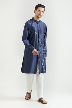 Navy chanderi kurta with placed abstract pattern embroidery. Comes with contrasting pyjama. - Aza Fashions Pajama Pattern, Kurta Set For Men, Pattern Embroidery, Kurta Set, Aza Fashion, Abstract Pattern, Hand Embroidered, Types Of Sleeves, Custom Made