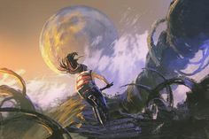 a painting of a person riding a bike in front of an alien like landscape with mountains and clouds