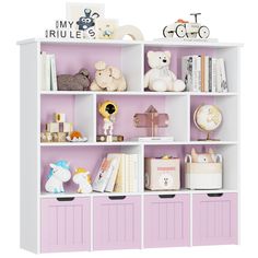 a white bookcase with pink bins and stuffed animals on the top, along with other toys