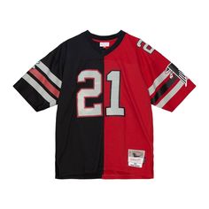 Pay homage to one of the greatest players in NFL history with this Deion Sanders Split Legacy replica jersey from Mitchell & Ness. It features contrasting Atlanta Falcons colors, as well as Deion Sanders's name and number featured on the front and back, making this the perfect option for you to remember all of his achievements while playing for the Atlanta Falcons. The droptail hem with side splits adds a layer of style while the mesh bodice brings breathability to your day. Material: 100% Polye Black Retro Top For Game Day, Deion Sanders, Nfl History, Atlanta Falcons, Jersey Design, Mitchell & Ness, Big & Tall, Sanders, Design Features