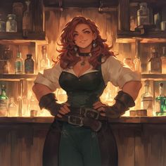 a woman with red hair standing in front of bottles