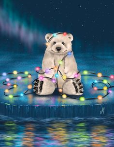 a polar bear with christmas lights around it's neck sitting on the ice floes