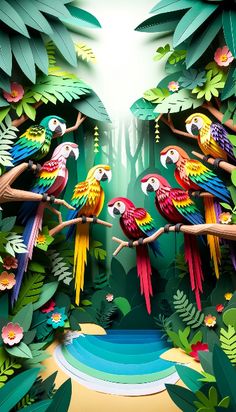 colorful parrots sitting on the branch of a tree in front of a waterfall surrounded by tropical leaves