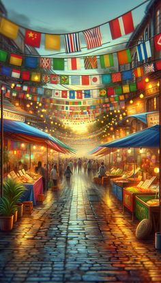 an oil painting of people walking through a market with flags hanging from the ceiling above