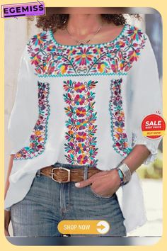 Floral Printing Cotton Blends Shirt & Top Casual White Printed Blouse, Patterned Crew Neck Top For Vacation, Long Sleeve T-shirt For Spring Vacation, Bohemian Crew Neck Shirt For Vacation, White Tops For Fall Vacation, Long Sleeve Printed T-shirt For Vacation, Multicolor Crew Neck Blouse With Relaxed Fit, Spring Bohemian Crew Neck Shirt, Multicolor Crew Neck Shirt For Spring