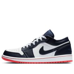 The Air Jordan 1 Retro Low 'Obsidian Ember Glow' is a classic basketball sneaker that was first released in 1985. Inspired by the popular AirForce 1 of the time, it features a reduced midsole thickness for a lighter weight and improved ground feel. The iconic wings logo and Air Sole cushioning in the heel provide a stylish and comfortable fit. The obsidian and ember glow upper is contrasted by white leather at the toe and ankle, and the heel is finished with a colorful ball and wings logo. Perfe Sporty Jordan Shoes With Gum Sole, Sporty Jordan Shoes With Gum Sole For Sports, Casual Basketball Sneakers With Gum Sole, Throwback Leather Basketball Shoes With Boost Midsole, Casual Jordan Shoes With Gum Sole For Streetwear, Throwback Basketball Sneakers With Gum Sole, Throwback Round Toe Basketball Sneakers, Throwback Low-top Jordan Shoes, Sporty Low-top Jordan Shoes With Gum Sole