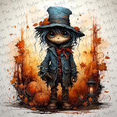 a digital painting of a little scarecrow in a hat and coat with pumpkins