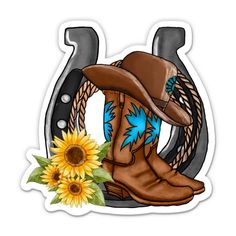 a sticker with a cowboy hat, boots and sunflowers on it's side