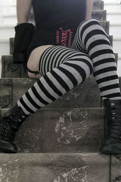 Kakegurui Aesthetic, Plus Size Thigh High Socks, Sock Garters, Thinner Legs, Plus Size Thigh, Striped Thigh High Socks, Tall Socks, Creative Fashion Photography, Striped Tights