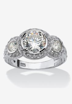 This brilliantly classic anniversary ring sparkles with 3.09 carats T.W. of elegance for a truly luxurious look. Three bezel-set round cubic zirconia stones Pave Setting Ring, Cz Rings Engagement, Large Stone, Sparkling Rings, Pave Setting, Bridal Ring, Anniversary Ring, Bridal Rings, Sterling Ring