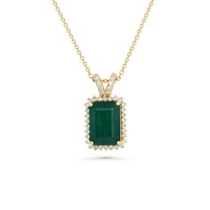 4.85 Cts Emerald and White Diamond Pendant in 14K Yellow Gold Luxury Emerald Jewelry With Halo Design, Luxury Diamond Necklace With Halo Setting For Formal Occasions, Formal Luxury Diamond Necklace With Halo Setting, Luxury Yellow Gold Diamond Necklace With Halo Setting, Elegant Emerald Jewelry With Halo Detail, Emerald Cut Halo Formal Jewelry, Yellow Gold Emerald-cut Halo Jewelry, Yellow Gold Jewelry With Emerald Cut Halo, Luxury 14k Gold Necklace With Halo Setting