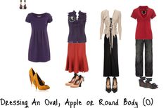 "Dressing An Oval, Apple or Round Body" by aileenlane ❤ liked on Polyvore Apple Body Fashion, Shirt Extender, Apple Body Shapes