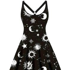 Womens Cross Neckline Sun Moon & Stars Printed Dress Backless Crisscross A-Line Tank Black Star Print Dress For Spring, Black Star Print Dress, Black Mini Dress With Star Print, Spring Black Dress With Star Print, Black Dress With Star Print For Spring, Rainbow Goth, Everyday Clothes, Sun Dresses, Dress Backless