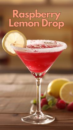 raspberry lemon drop cocktail in a coupe glass